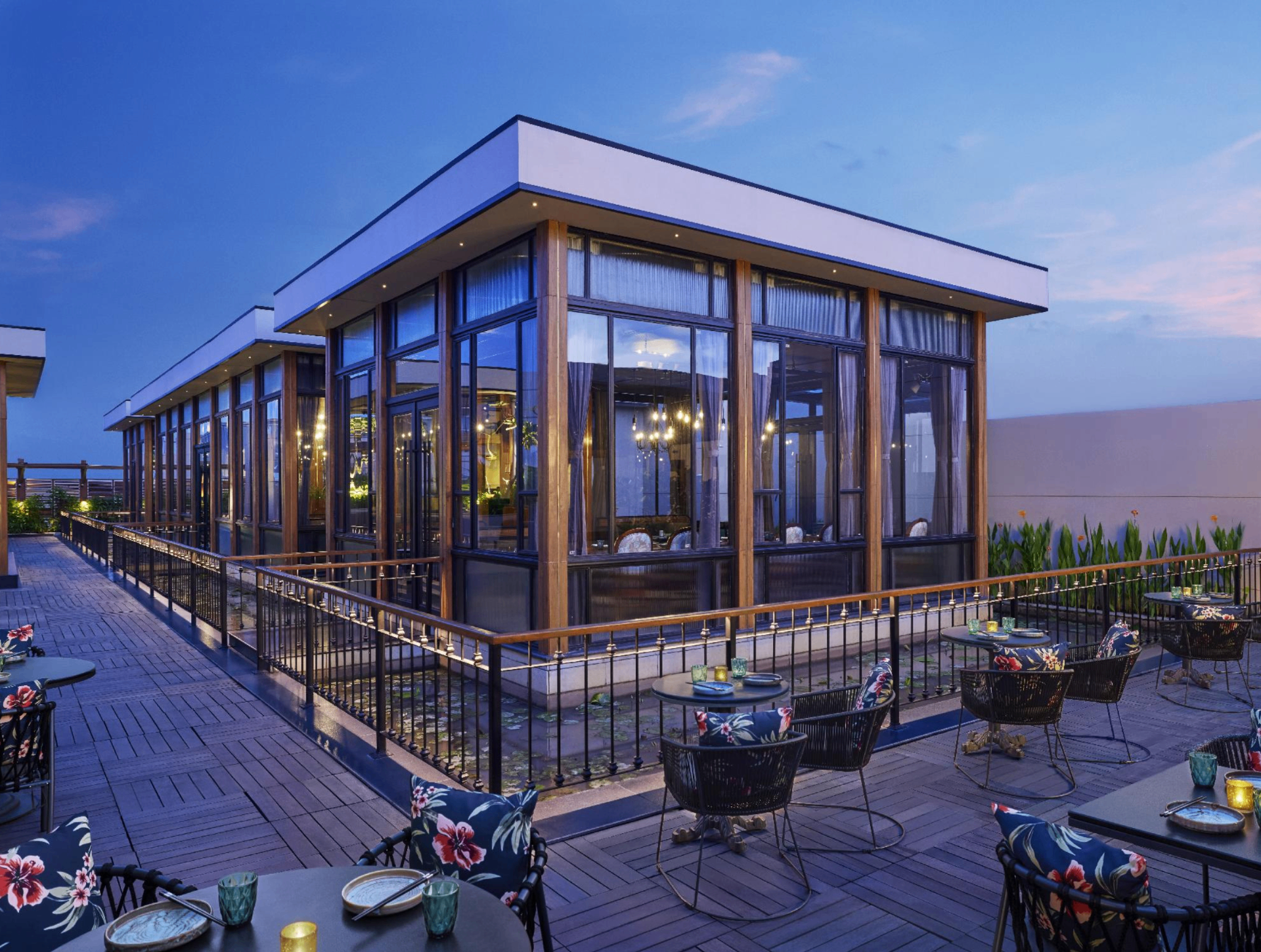 Taj City Centre rooftop lounge at twilight
